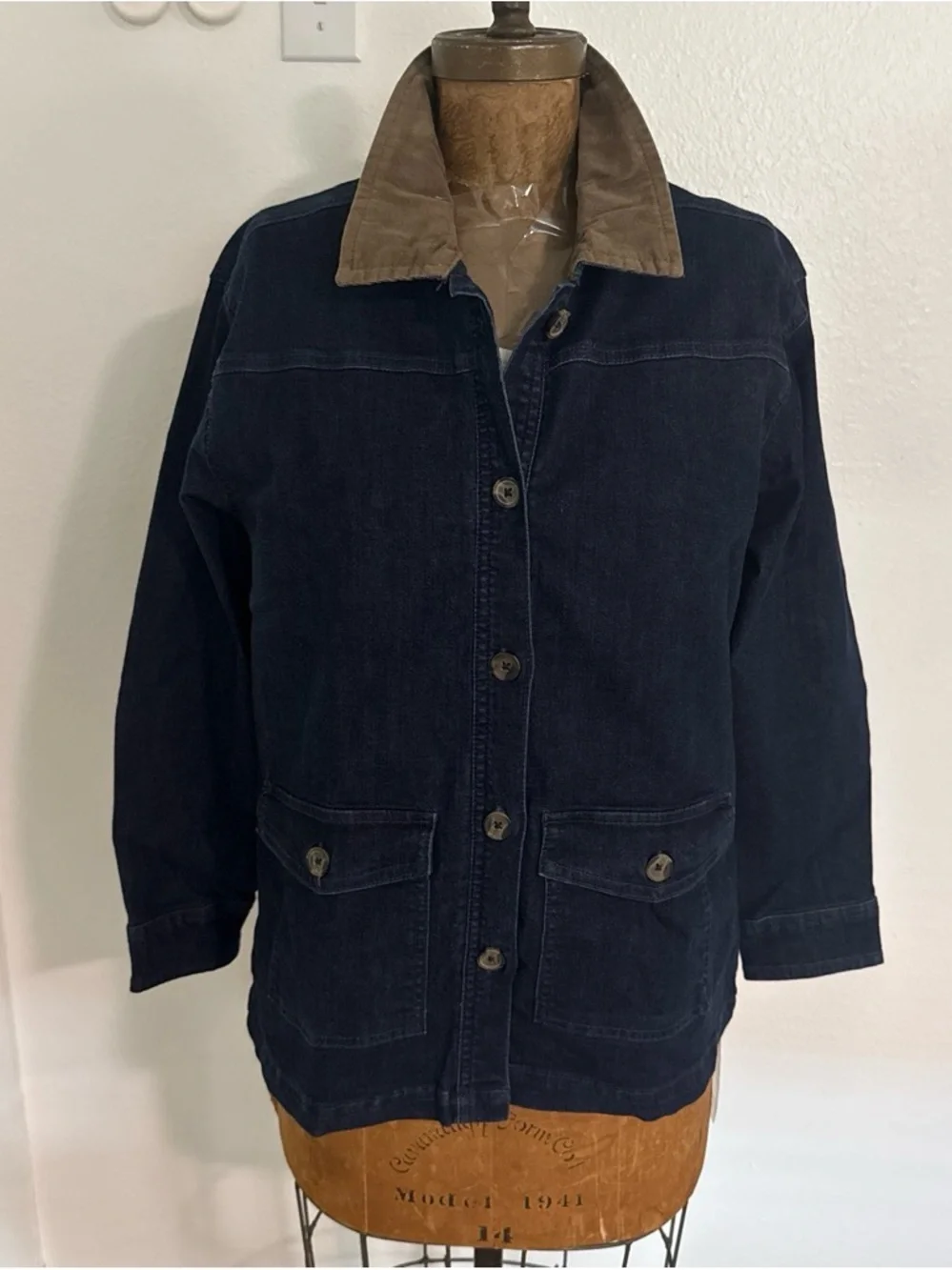NWT Bunulu Women's Dark Blue Denim Jacket with Brown Collar Size S
